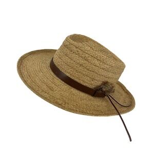 Summer Club Straw Sun Hat Tan Wide Brim Fedora Styled in Australia Feather Trim
